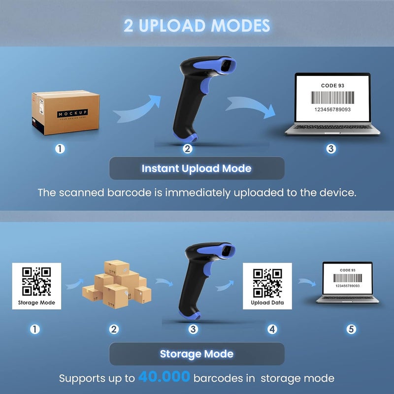 EYOYO ماسح باركود بلوتوث 2D لاسلكي، 2500mAh محمول بدون سلك قارئ باركود USB لقراءة QR للمكتبة، جرد المستودعات متوافق مع iPad، هاتف أندرويد، iPhone، لابتوب - Image 3